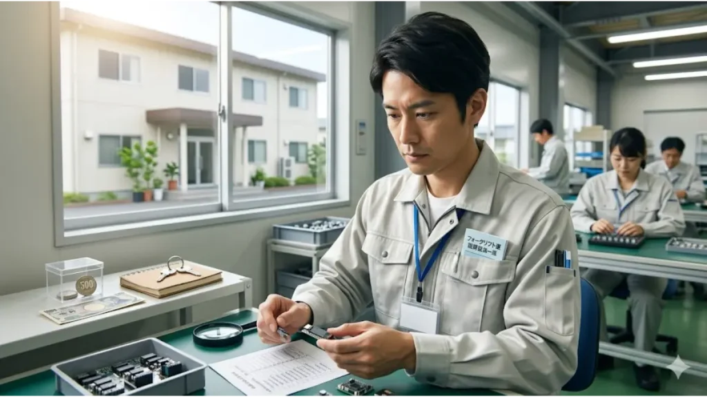 「今日から住める 仕事」で働く誠実な日本人男性。真剣に検品作業をする手元と、寮のデスクに置かれた貯金計画ノートとIDカード。清潔で整頓された現場と寮が、人生再構築のキャリア戦略と防衛術(安定した基盤)を表現。文字なし。