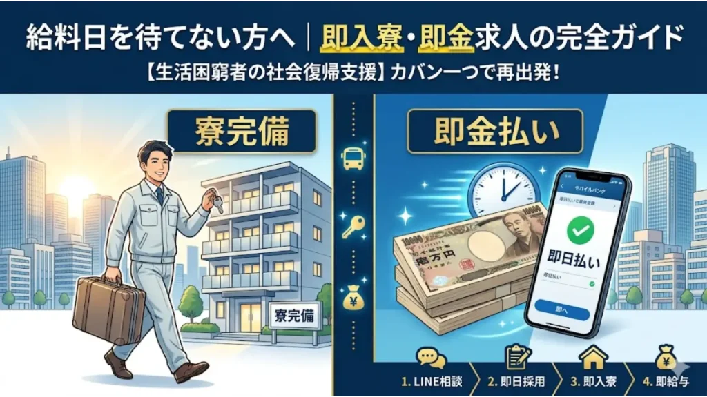 給料日を待てない状況から寮付き求人の支援を受け、カバン一つで即入寮・即日払いによる生活再建を目指すイメージ