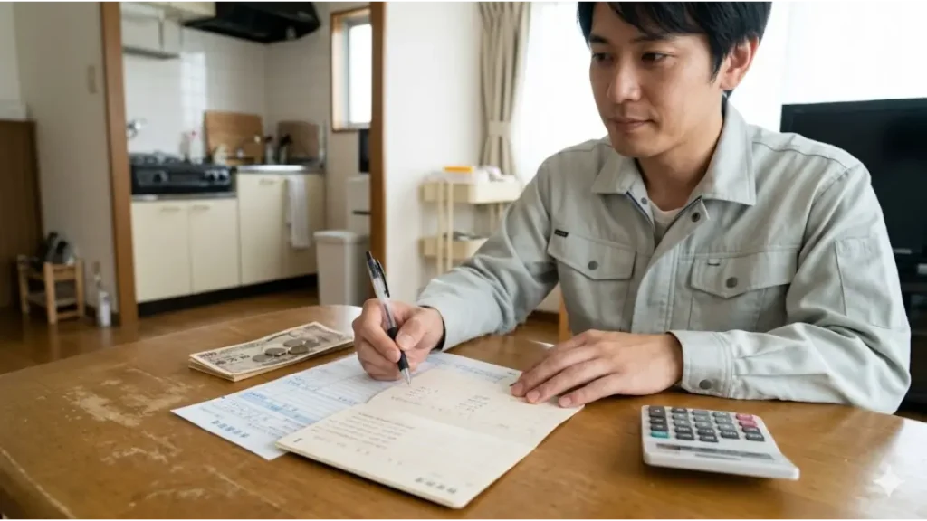給料日を待てない状況で「寮費無料」の寮付き求人を選んだ後に、実際の光熱費の支払いを確認し、通帳にボールペンを向ける日本人男性の様子