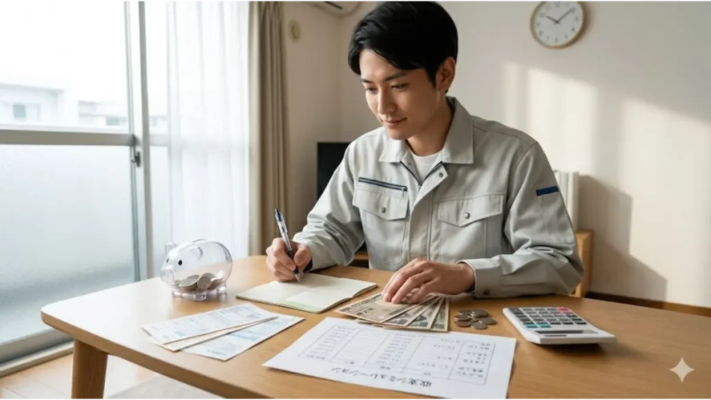 給料日を待てない状況から寮付き求人で生活を立て直し、整理整頓された個室寮で3ヶ月後の貯金を目指して通帳と電卓で収支計算をする誠実そうな日本人男性