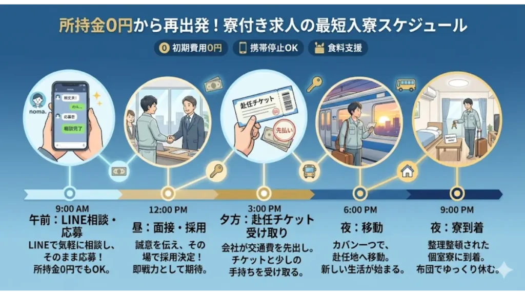 給料日を待てない状況から最短当日で再出発するための、LINE相談から面接、赴任チケット受け取り、入寮までのタイムライン図