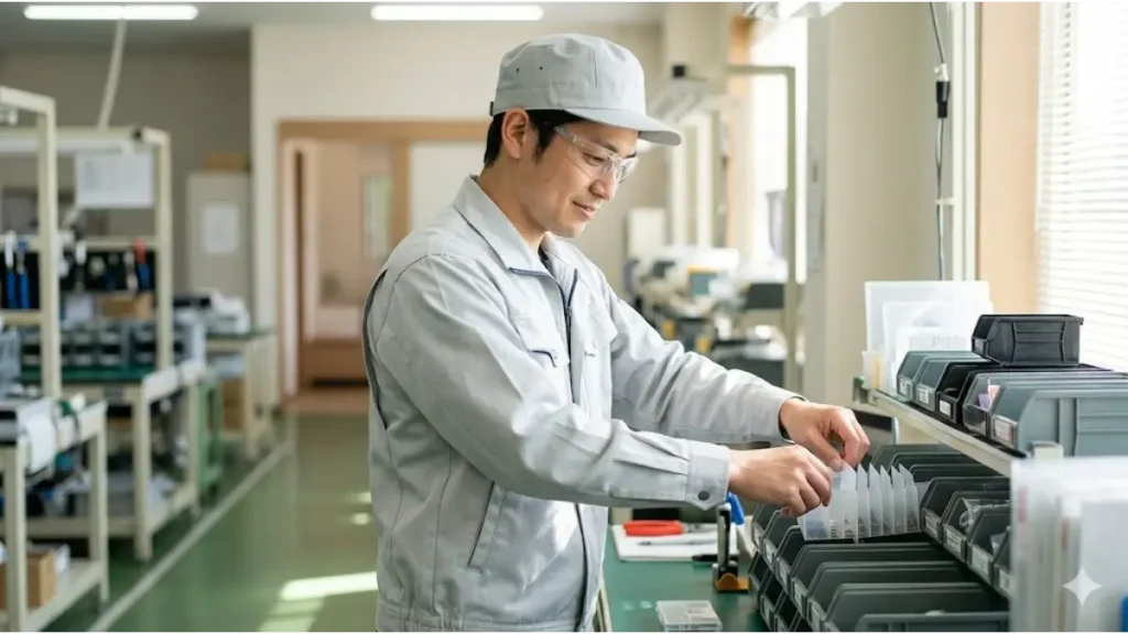給料日を待てない不安を寮付きの仕事で解消し、整理整頓された製造現場で誠実に部品を管理する日本人男性の様子