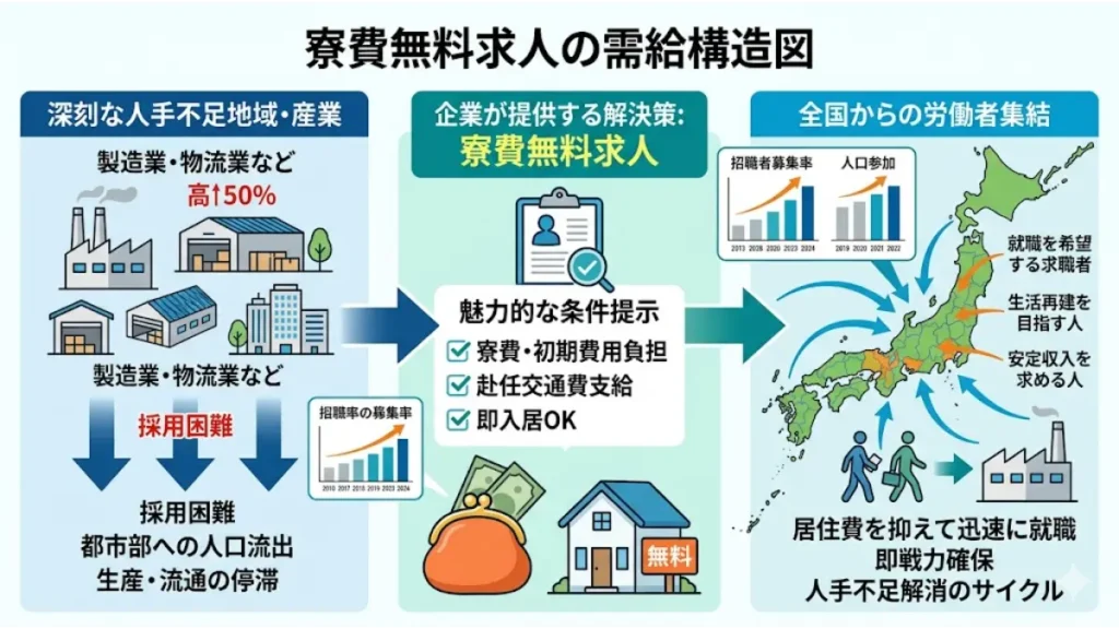面接なし・寮あり・派遣の求人が成立する背景を解説する「寮費無料求人の需給構造図」です。深刻な人手不足（有効求人倍率1.5〜2.0倍）に悩む地方の工場や物流拠点が、寮費無料や赴任交通費支給といった条件を提示することで、全国から生活再建を目指す求職者が集まる仕組みを図解しています。