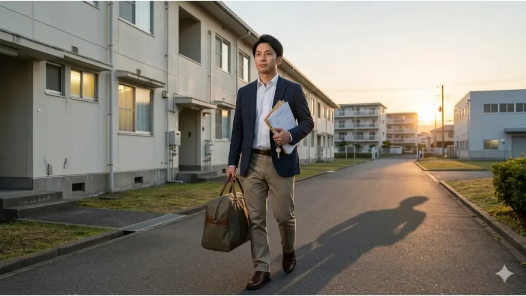 面接なし寮あり派遣から自立への大きな一歩を踏み出す、希望に満ちた表情の日本人労働者。手に資格取得証と引っ越しカバンを持ち、自然光の中で新しい未来へ歩き出すリアルな現場写真。