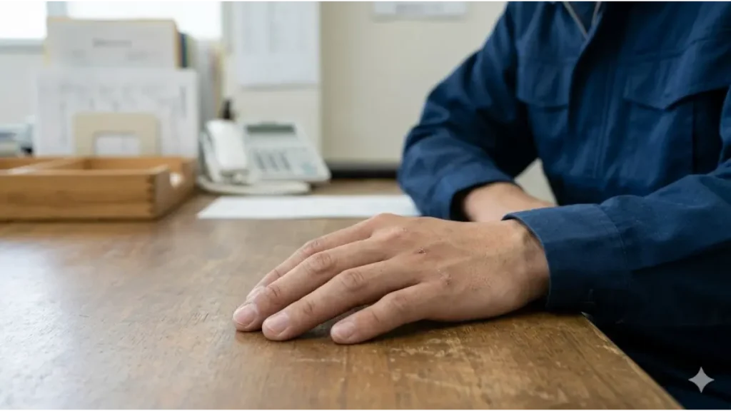 日本人の誠実そうな男性が、無断離職の影響と社会的なリスクを示す、深いため息をついている。