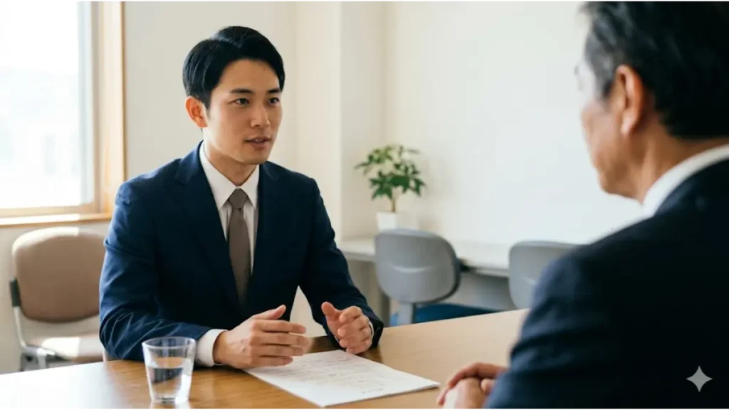 ニート脱出を目指して30代で「寮付き求人」の面接に臨む、誠実な日本人男性の様子。空白期間について質問され、緊張しながらも真剣な表情で、環境を変えて自立したいという熱意を伝えている現場のリアル。