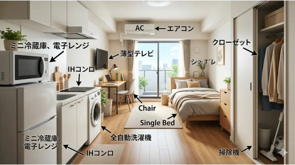 ニート脱出を支える寮付き求人の一般的な個室寮の内装図解。冷蔵庫、洗濯機、電子レンジ、テレビなどの生活家電が完備された清潔なワンルームの様子。