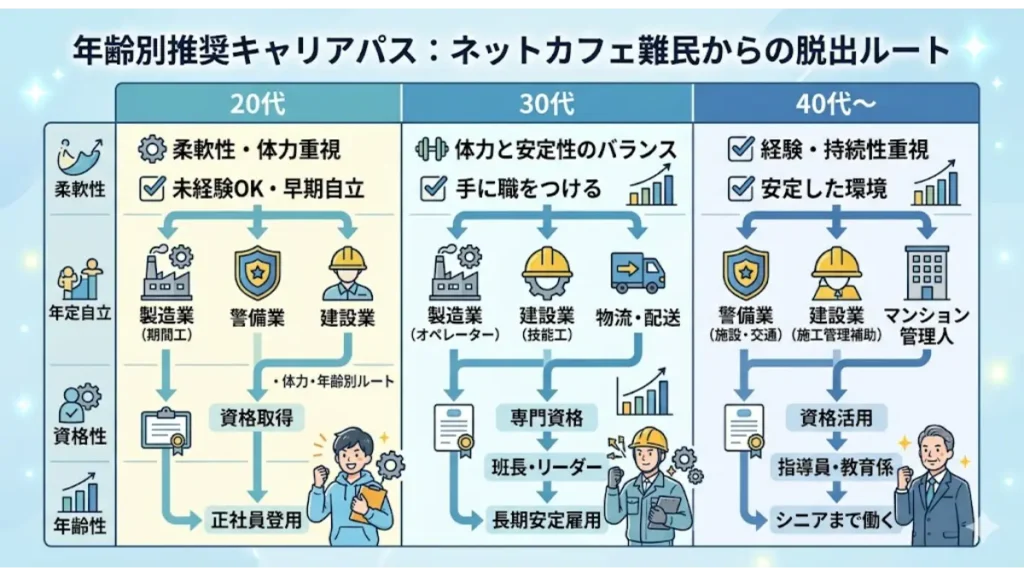 ネットカフェ難民からの脱出を目指す20代・30代・40代別の推奨キャリアパスと資格取得ルートを示したマトリックス図解