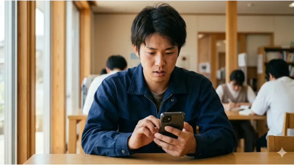 ネットカフェ難民からの脱出を目指し、所持金がなくてもスマートフォンで寮付き求人のFAQ情報を誠実に確認する日本人の男性