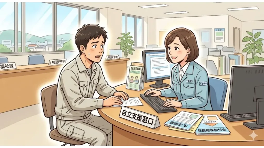 ネットカフェ難民からの脱出に向けて自治体の自立支援窓口で生活保護や住居確保給付金の相談を親身に受ける男性のイラスト