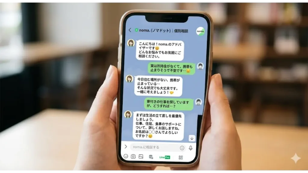 ネットカフェ難民からの脱出を支えるnoma.(ノマドット)のLINE個別相談画面。所持金や携帯停止の不安に専門アドバイザーが優しく答える様子。