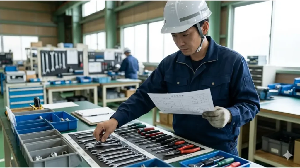 『35歳の壁を乗り越えるための現場戦略』として、30代未経験の日本人男性作業員が、工場の整頓された作業台で、真剣な表情で作業指示書を確認し、工具を整理する準備作業の手元を自然光で捉えたフォトリアルな画像。現場での「段取り八分」の実践と誠実な労働態度。