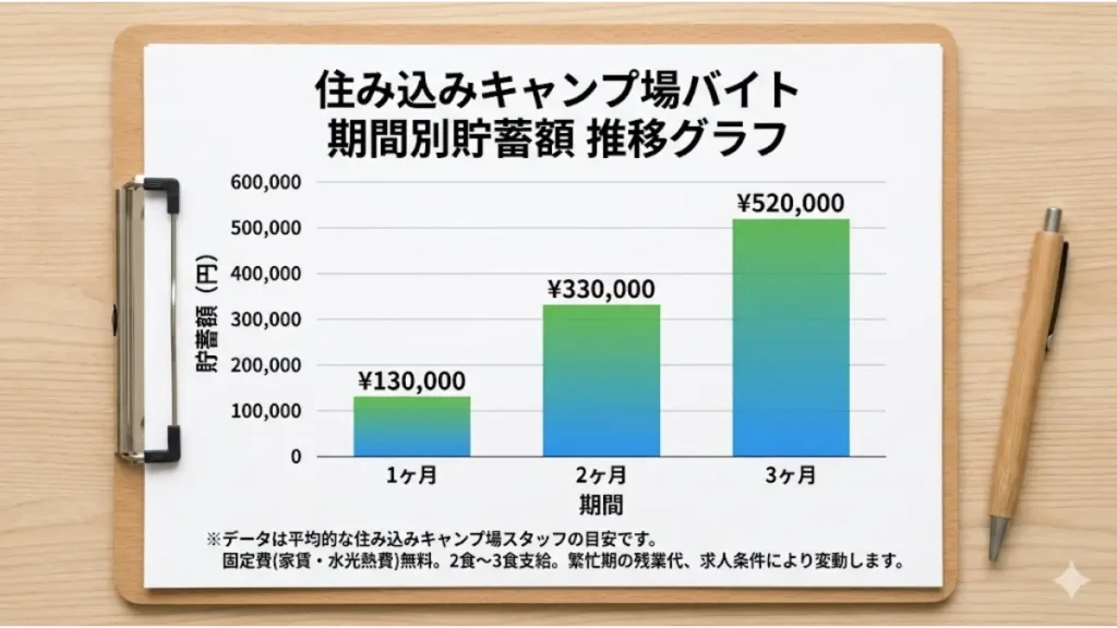 代替テキスト (alt): 住み込みキャンプ場バイトにおける期間別の貯蓄目安グラフ（16:9比率）。1ヶ月（約13万円）、2ヶ月（約33万円）、3ヶ月（約52万円）の推移を棒グラフで表示。固定費無料、2食〜3食支給の条件を明記した誠実なインフォグラフィック。