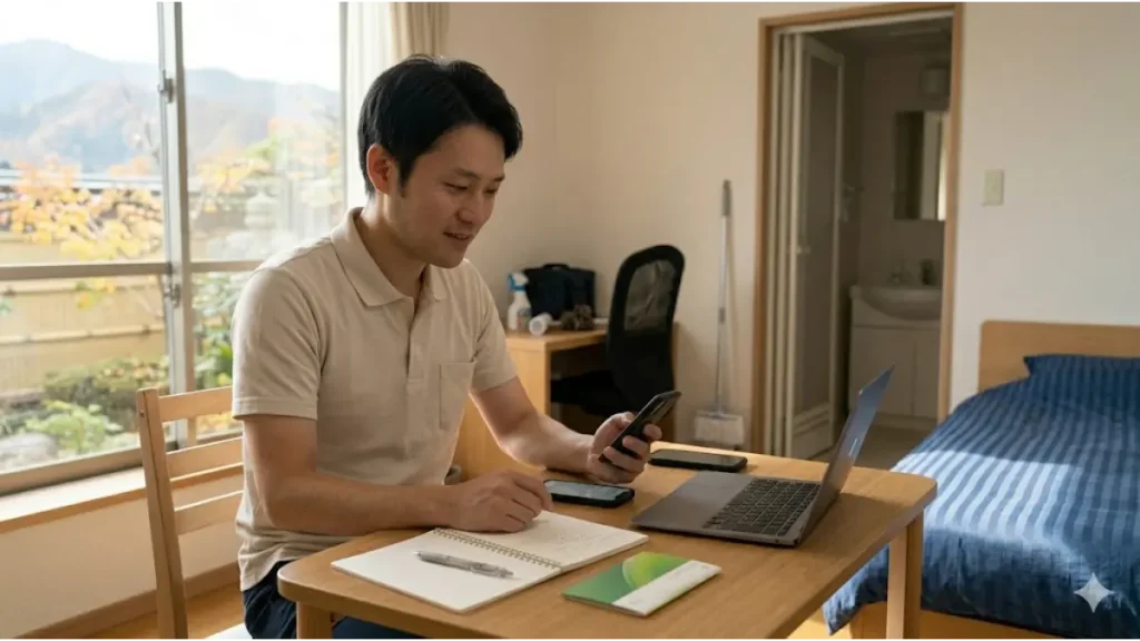 安定したリゾートホテルの従業員寮で、30代の誠実そうな日本人男性（ image_0.png から image_3.png の人物と同一人物）が、デスクの上に並べた2台のスマートフォンと1台のノートパソコンを使い、真剣な表情で複数の派遣会社の求人を比較・管理している様子。ドキュメンタリー写真。