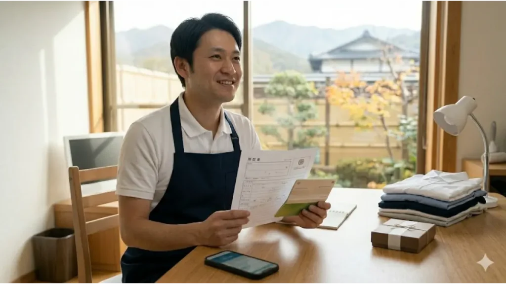 契約満了を迎えた日本のリゾートホテルの従業員寮で、30代の誠実そうな日本人男性が、自然光を浴びながら、真剣な表情で、デスクの上に広げた「履歴書の書き方と空白期間の言い換え術」のテンプレート書類を pen で完成させ、さらに完成した履歴書、契約満了証明書、そして貯金が大幅に増えた銀行通帳からを手に持ち、安堵と希望に満ちた笑顔で窓の外の自然を見つめている様子。ドキュメンタリー写真。