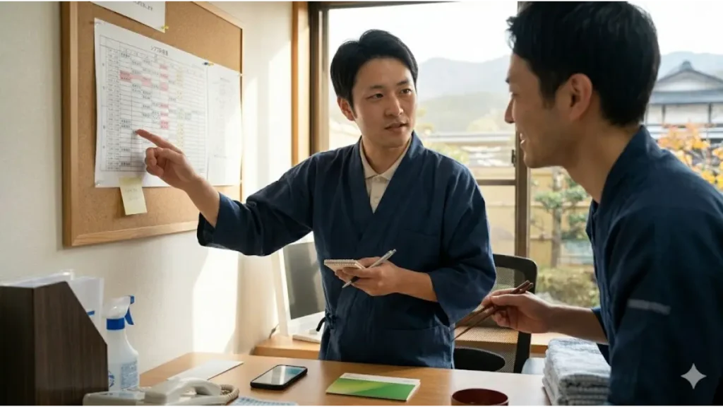 日本の旅館の従業員事務所で、30代の誠実そうな男性従業員（ image_0.png から image_3.png の人物と同一人物）が、自分より一回り若い20代前半の男性従業員から謙虚に指導を受け、素直にノートに記入している様子。自然光のフォトリアルなドキュメンタリー写真。