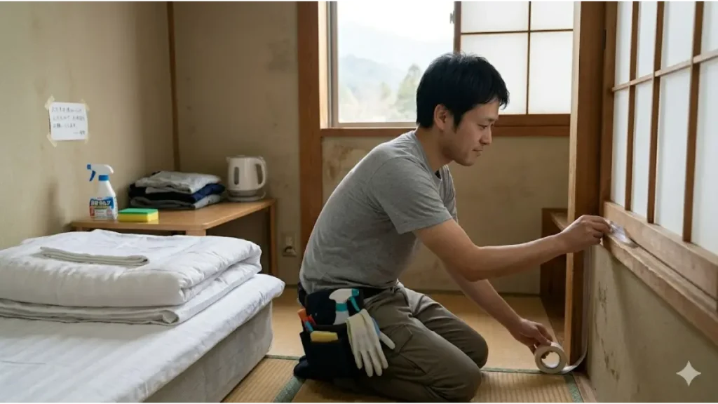 誠実そうな日本人男性従業員が、やや古いリゾートホテルの従業員寮で、カビや虫を防ぐために隙間テープを貼り、自分で清潔さを維持しようとサバイバルしている様子。ドキュメンタリー写真。