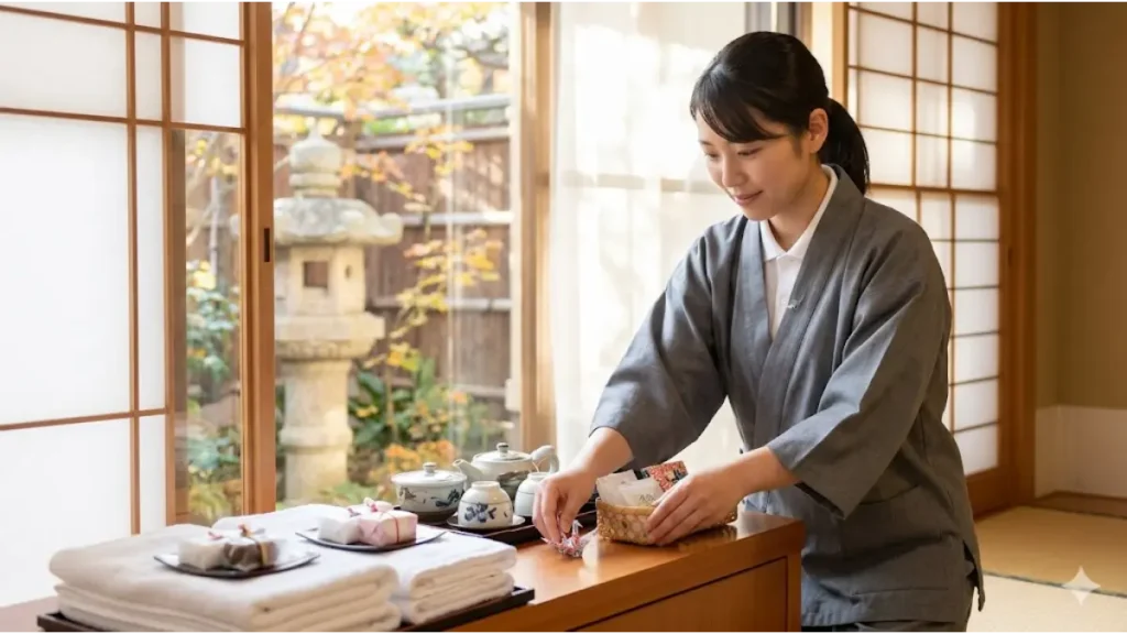 清潔な旅館の客室で、自然光を浴びながら、誠実そうな日本人女性従業員がアメニティや茶器を丁寧に整頓している様子。体力に自信がない人や女性向けの、穏やかな裏方業務のリアルな現場。