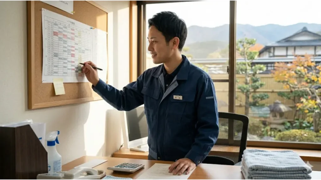 日本の熱海温泉にあるホテルの事務所で、30代の誠実そうな男性従業員が、壁に貼られた繁忙期のシフト表と、デスクの上の求人管理カレンダーを確認している。自然光のフォトリアルなドキュメンタリー写真。