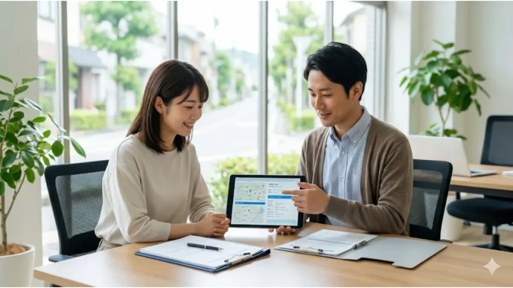 リゾートバイト未経験者が、誠実な派遣コーディネーターと明るいオフィスの相談スペースでタブレットを見ながら求人情報の詳細やサポート環境について丁寧に説明を受けている様子。自然光が入る清潔な環境で、信頼関係を築いている。現場のリアルを感じさせる誠実な写真。