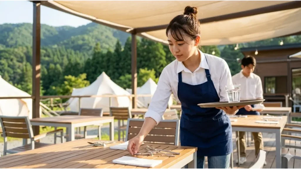 リゾートバイト未経験者が、夏休みのグランピングレストランで一生懸命働く様子。誠実そうな若い日本人女性スタッフが、自然光が当たる清潔なテラスで、真剣な表情でテーブルセッティングや料理の配膳をしている。背景にはグランピングテントと豊かな夏の緑が広がり、現場のリアルを感じさせる。