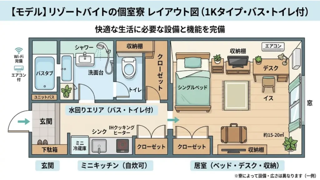 リゾートバイト未経験者が初めての選び方で必ずチェックしたい、一般的な個室寮（1Kタイプ・バス・トイレ付）のレイアウト図。玄関からミニキッチン、バストイレの水回りエリア、シングルベッドやデスク、エアコン、Wi-Fi完備の居室スペースまで、快適な生活に必要な設備と部屋の配置が詳しく描かれています。