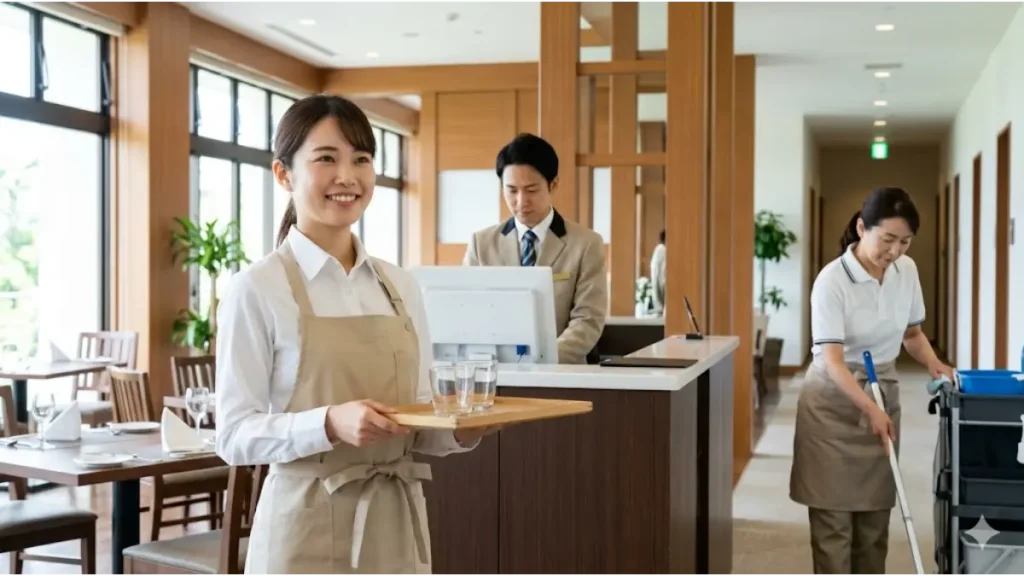 リゾートバイト未経験者が初めての選び方で迷った際の適性診断に役立つ、様々な職種の勤務風景のイメージ。手前に笑顔でトレーを持つレストランのホールスタッフ、中央奥にフロントスタッフ、右側に清掃を行う裏方スタッフが、それぞれ誠実に働くリアルな現場の様子が自然光の中で描かれています。