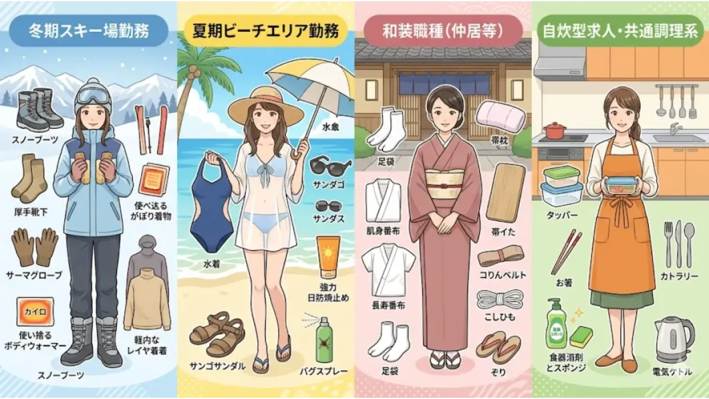 リゾートバイトの持ち物や便利グッズについて、女子向けの季節やエリア（スキー場・ビーチ・和装・自炊）ごとの特殊な持ち物の違いを表したイラスト