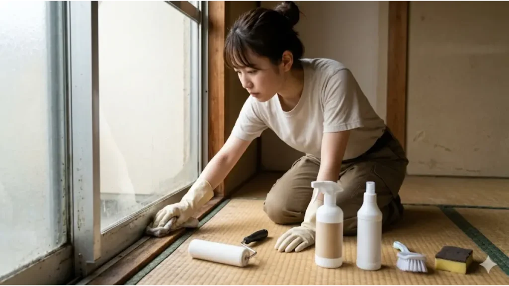 リゾートバイトの持ち物や便利グッズ（除菌スプレーや掃除用具）を駆使して、汚い寮の古い和室を掃除してサバイバルする女子の様子