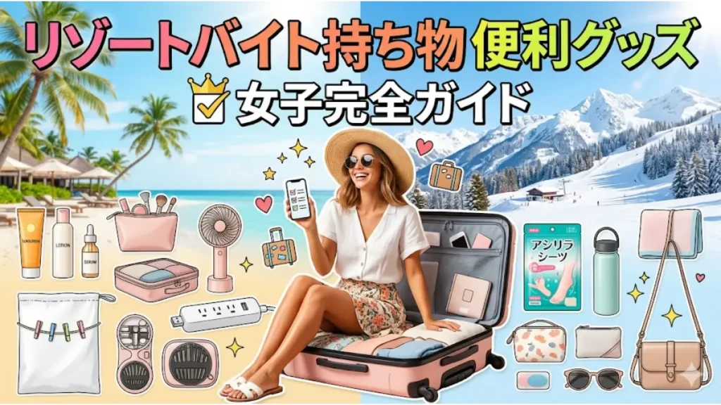 リゾートバイトの持ち物や便利グッズをスーツケースに詰め込んで準備をする女子のイラスト