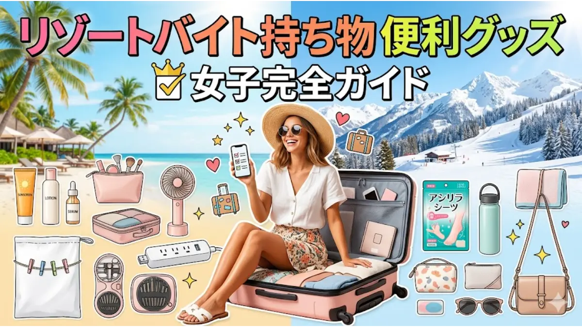 リゾートバイトの持ち物や便利グッズをスーツケースに詰め込んで準備をする女子のイラスト