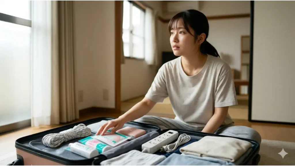 リゾートバイトの持ち物や便利グッズを前に、住み込み生活への不安や期待を抱きながらパッキングする女子の様子