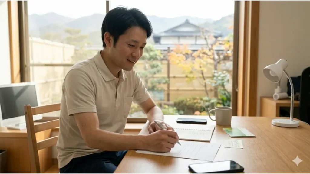 清潔な旅館の従業員共通スペースで、30代の誠実そうな日本人男性従業員（ image_0.png から image_3.png の人物と同一人物）が、自然光を浴びながら真剣な表情で、デスクの上に広げた「逆転を勝ち取るための志望動機と自己PRテンプレート」の書類に pen で記入している様子。ドキュメンタリー写真。