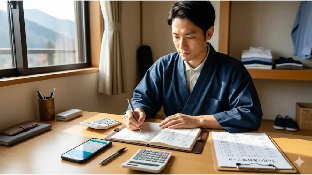 清潔なリゾートホテルの従業員寮で、30代の誠実そうな日本人男性従業員が、デスクの上に並べたスマートフォンの家計簿アプリと、手書きの「3ヶ月の家計簿データ」レポートを確認しながら、ファイナンシャルプランナーのノートに貯金目標を記入している様子。自然光のフォトリアルなドキュメンタリー写真。