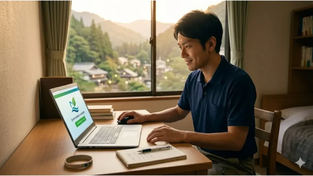 リゾートバイトの裏方業務で誰にも会わずに稼ぎ、将来の再スタートを叶えるための「小さな一歩」として、静かな寮の自室で派遣会社への登録手続きを完了させた前向きな表情の日本人男性スタッフ。