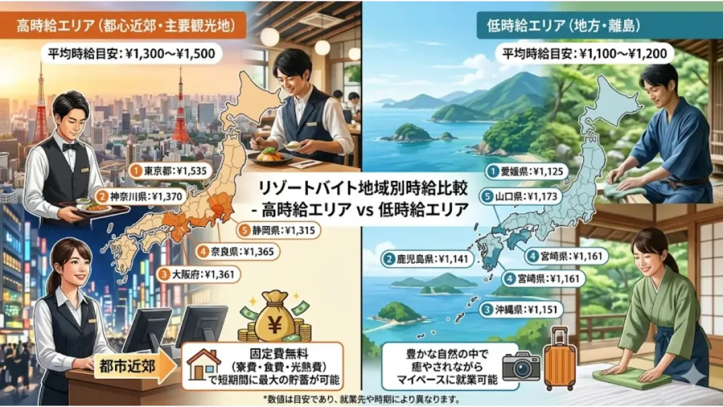 リゾートバイトの裏方業務で誰にも会わずに稼ぐために重要な、日本の高時給エリア（東京・神奈川・大阪など）と低時給エリア（沖縄・離島など）の地域別平均時給の格差を比較・解説した地図イラスト図解