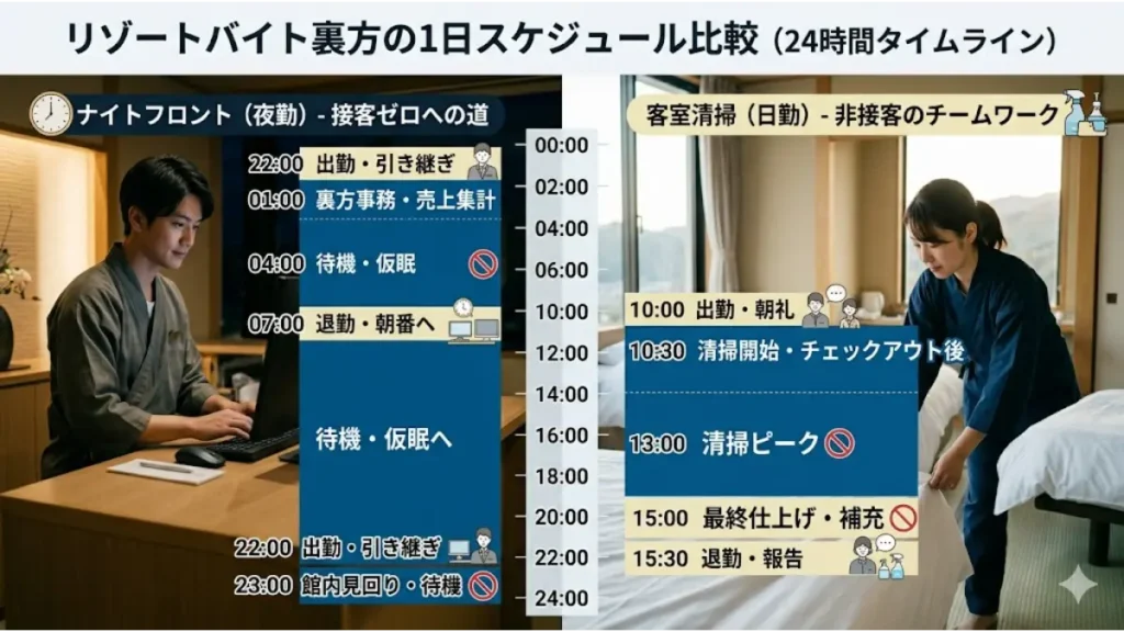 リゾートバイトの裏方業務で誰にも会わずに稼ぐための、ナイトフロント（夜勤）と客室清掃（日勤）の24時間タイムラインと対人接触ポイントを比較したスケジュール図解