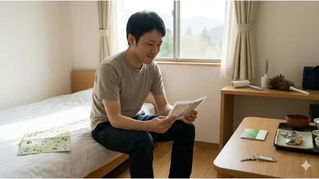 安定した日本のリゾートホテルの従業員寮で、ホテルの制服を着用した日本人男性が、自身の銀行通帳と入寮書類を確認している、誠実なドキュメンタリー写真。