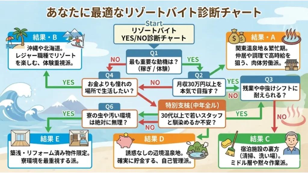 あなたに最適なリゾートバイト診断チャート。稼ぎ重視か体験重視か、残業や年齢層の不安から最適な働き方をYES/NOで判定する相関図。