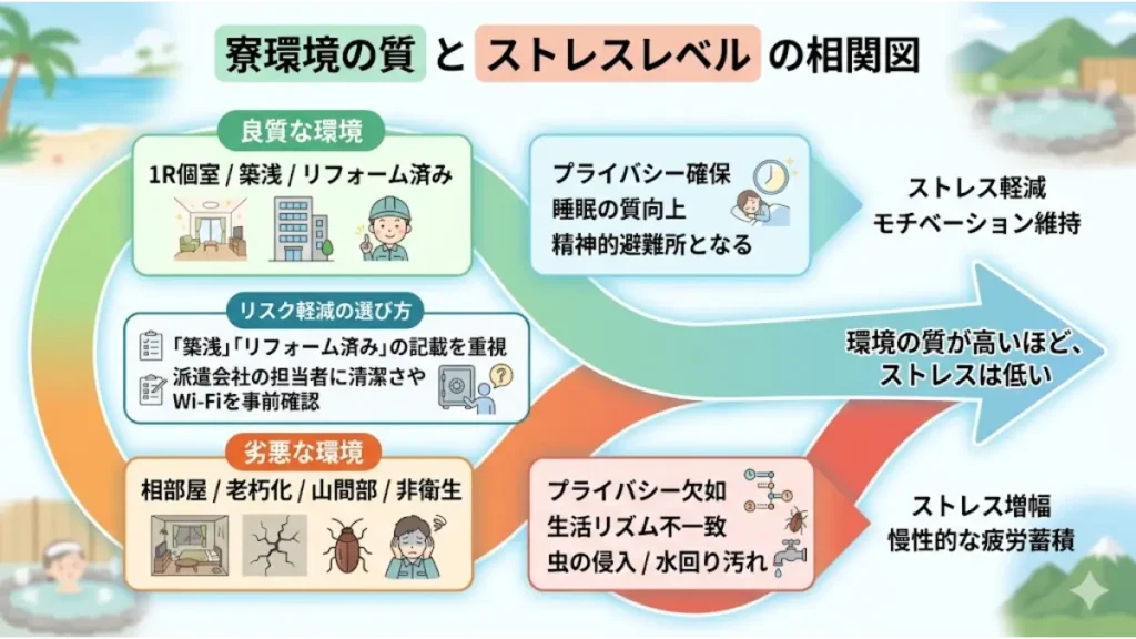 リゾートバイトの寮環境の質とストレスレベルの相関図。良質な個室寮がストレスを軽減しモチベーションを高める一方で、劣悪な相部屋（虫の発生、不衛生）がストレスを増幅させ離職のリスクを高めることが視覚的に分かり、リスク軽減のための求人の選び方も提示された画像。