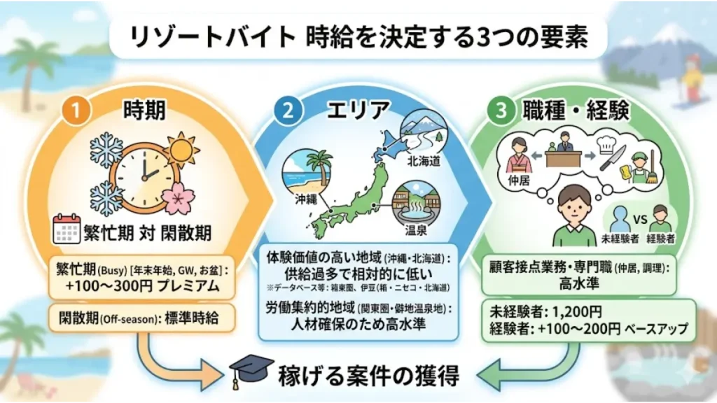リゾートバイトの時給決定要因の図解。時期（繁忙期vs閑散期）、エリア（体験価値の高い地域vs労働集約的地域）、職種・経験の3つの変数が、どのように時給相場に影響を与えるかが視覚的に分かる画像。