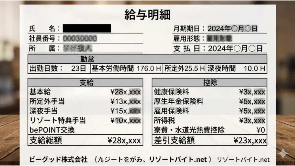 リゾートバイトの実際の給与明細。個人情報はマスキングされているが、基本給、残業手当、深夜手当の支給額と、寮費などが引かれた後の手取り額が一目でわかる画像。
