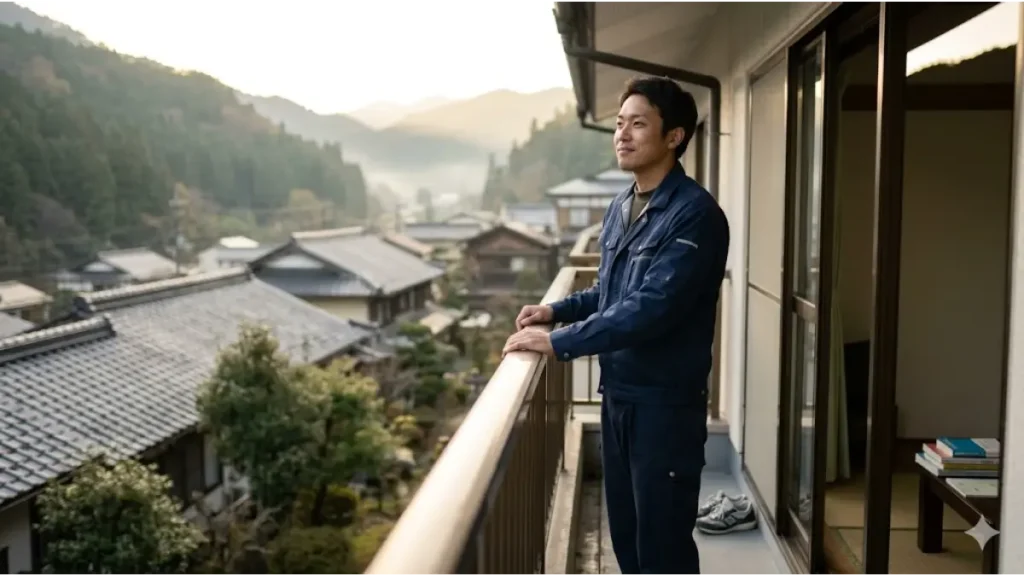 リゾートバイトの寮のバルコニーで、誠実そうな日本人男性スタッフが、朝日を浴びながら遠くの山々を見つめているリアルな様子。稼げる市場を利用し尽くし、貯金やキャリアパスに向けて準備を整えているという、希望に満ちた現場の空気感が伝わる画像。