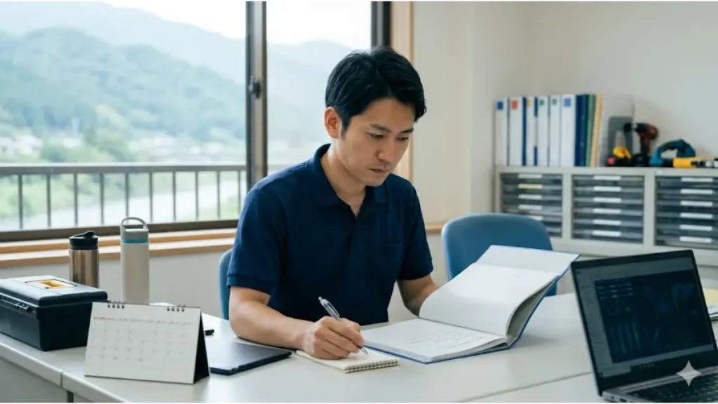 リゾートの裏方業務に従事する誠実な30代日本人男性スタッフが、整頓されたデスクでマニュアルを真剣に確認し、将来の計画を立てている様子。