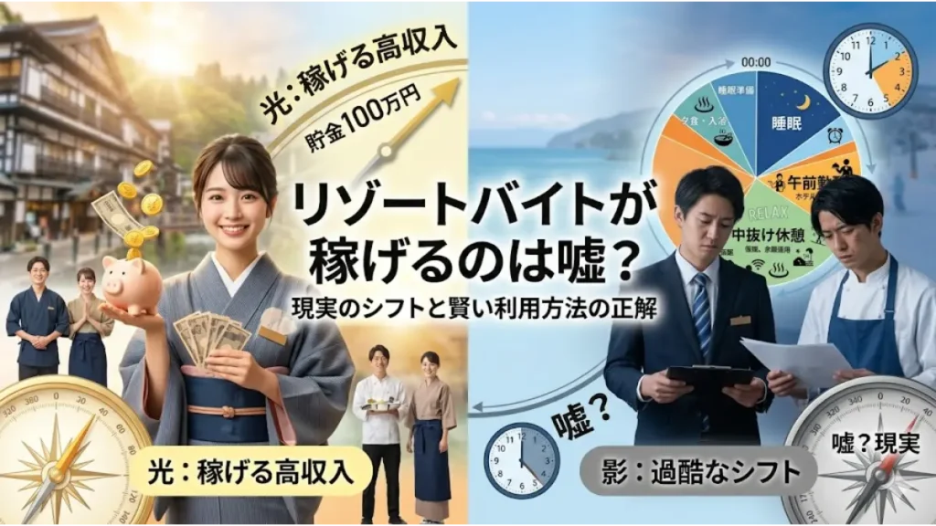 リゾートバイトが稼げるのは嘘か検証するアイキャッチ画像。光（笑顔のスタッフ、貯金箱、高収入）と影（時計、複雑な中抜けシフト、過酷な現実）の対比が描かれており、賢い利用方法の正解へと導く構図。