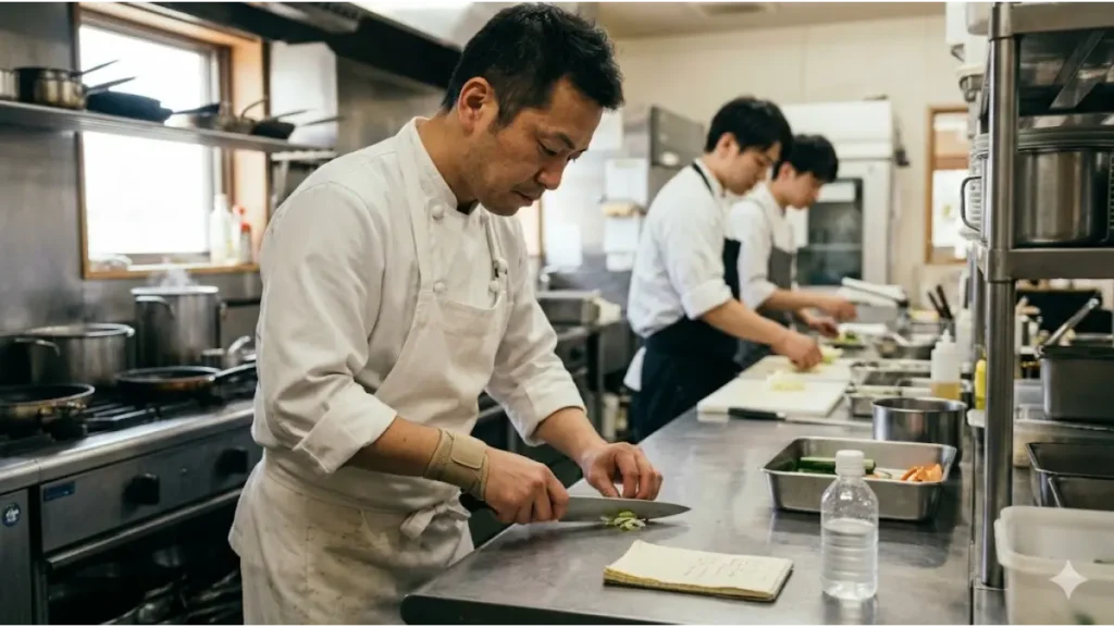 リゾートバイトの調理補助に未経験から挑戦する30代の男性スタッフが、手首にサポーターを巻きながら真剣に食材を刻む姿。奥には若い世代のスタッフが並び、肉体疲労やジェネレーションギャップと向き合いながら働く現場のリアルな様子