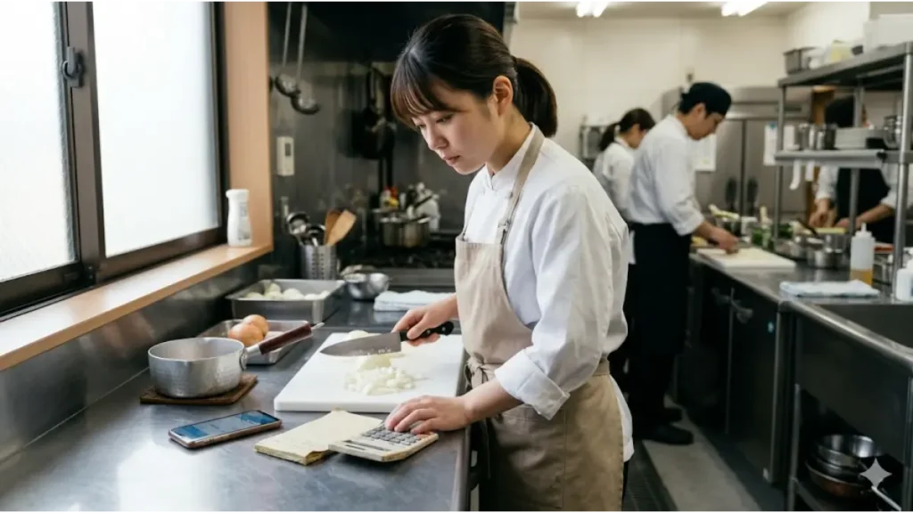 リゾートバイトの調理補助を未経験から始める女性スタッフが、ホテルの厨房で手を止め、不安げな表情で電卓とメモ帳を確認しているリアルな様子