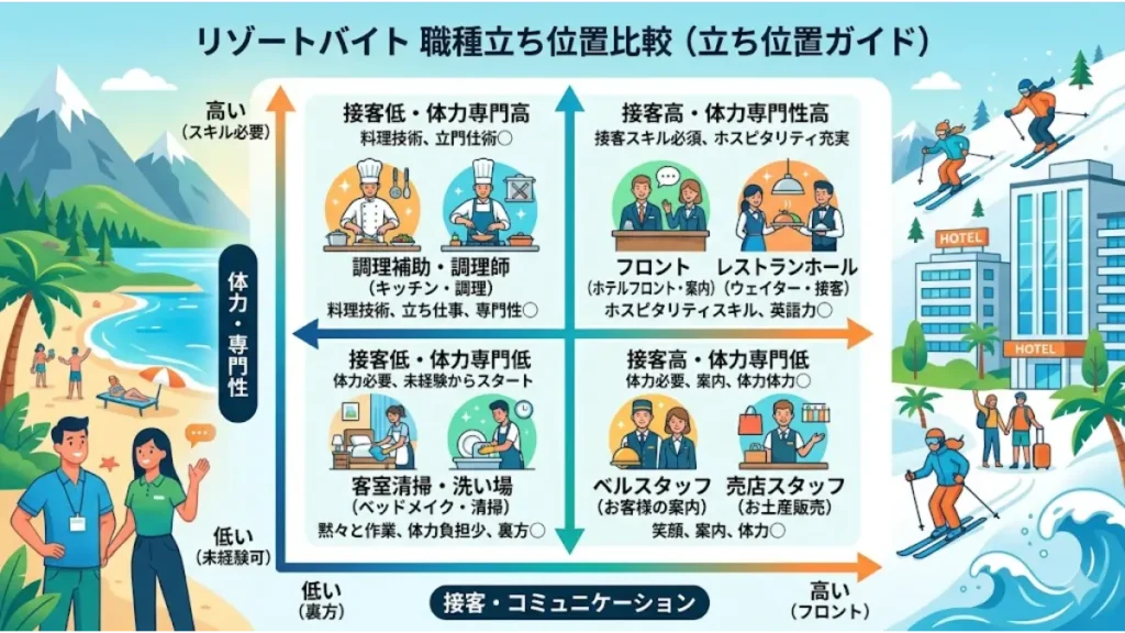 リゾートバイトの調理補助や他職種の立ち位置を「接客」と「体力・専門性」の2軸で比較した、未経験者向けの特徴がひと目でわかる職種比較マップの図解