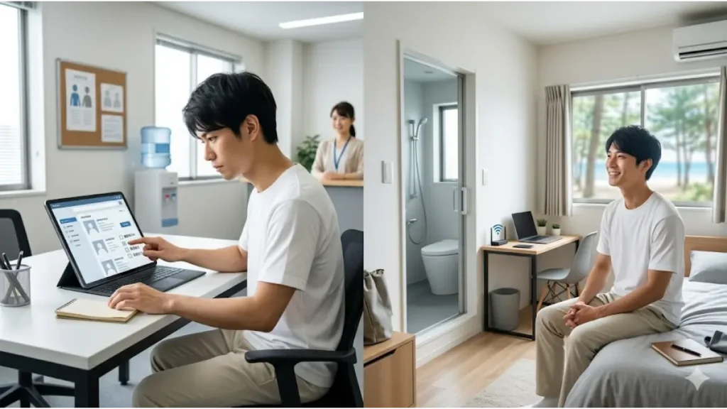 リゾートバイトの調理補助を未経験から探す男性スタッフが、左側でタブレットを使って求人を厳選して応募し、右側のようにWi-Fiや専用バストイレが完備された綺麗で快適な個室寮を引き当てて満足そうに笑顔で過ごす様子