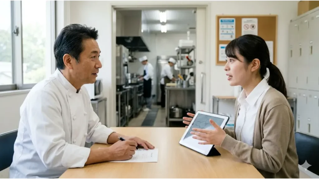 リゾートバイトの調理補助に未経験から応募した女性スタッフが、ホテルの厨房を背景に、採用担当の料理長の前でタブレットを使いながら熱意を伝える面接選考のリアルな様子